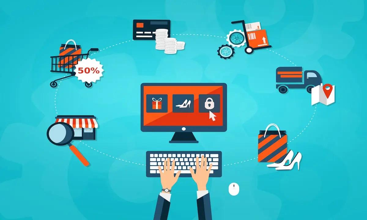 Cartoon graphic hands typing and showing the cycle of online product buying.