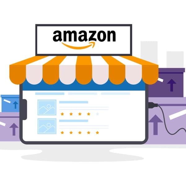 Clip art style of an Amazon store surrounded by Amazon Packages.